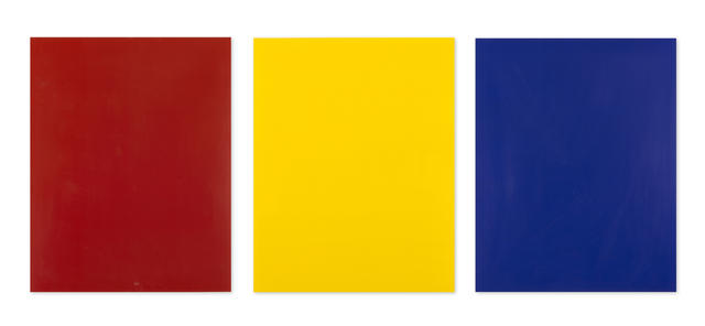 Ed Moses (born 1926), ‘Study For Abstract Painting (Red) #4, 1977; Study For Abstract Painting (Yellow) #5, 1977; Study For Abstract Painting (Blue) #6’, acrylic on acetate, 1977, each 42.2 x 33.6 cm